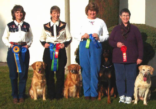 Terry Southard and Dixie, Susan Westover and Deja, Sue Korp and Rocky, and Ann Begun and Bailey.